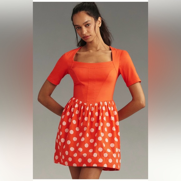 Anthropologie Dresses & Skirts - Anthropologie Maeve Vibrant Short sleeve square neck red polka dot mini Dress